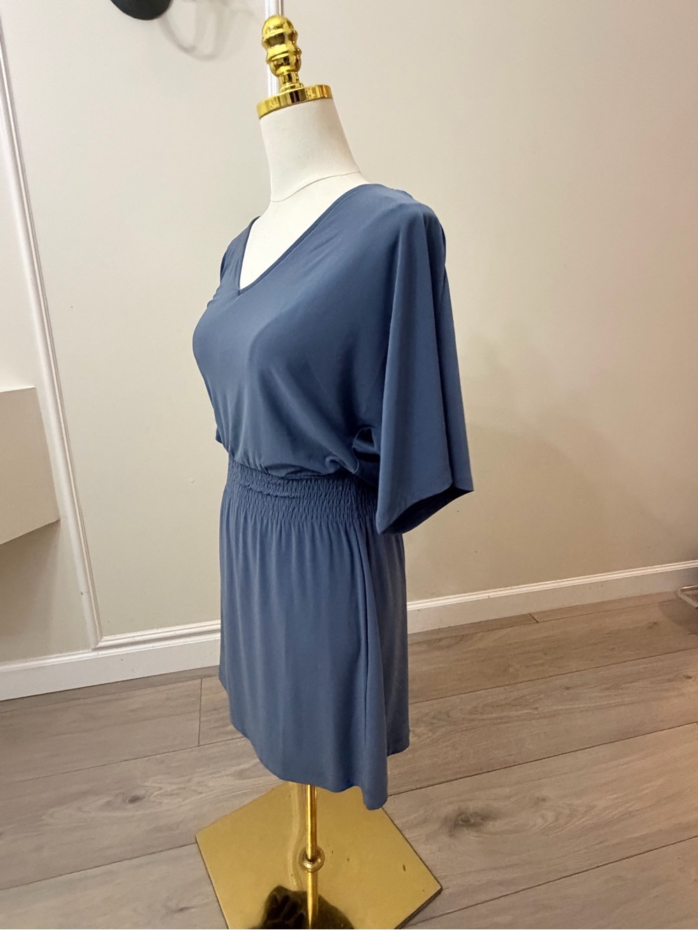 White House Black Market Dusty Blue V-Neck Smocked-Waist Midi Dress - Picture 3 of 6